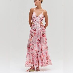 PatBO Pink and White Ruffled Tiered Maxi Dress
